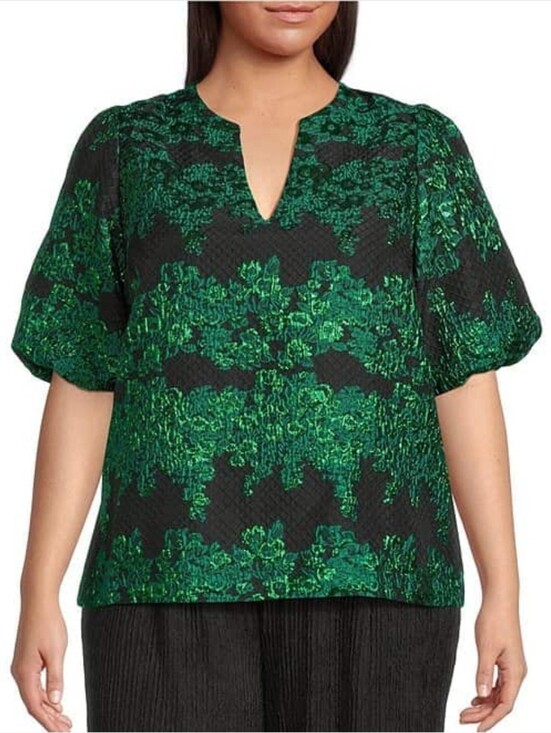 Sugarlips Tops - Sugarlips Elyna Floral Jacquard Alena Split V-Neck Puff Sleeves Pullover Top 3X